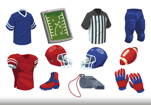 Colorful American Football Equipment Sports Illustrations Set