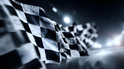 Multiple checkered flags wave dynamically at the finish line during a nighttime competition event
