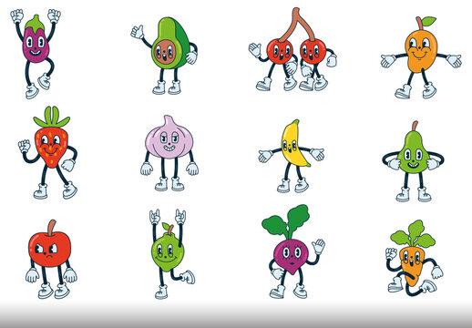 Colorful Kawaii Fruit Vegetable Cute Healthy Food Illustrations Set