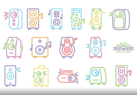 Colorful Speaker Music Sound Audio Neon Icons Set