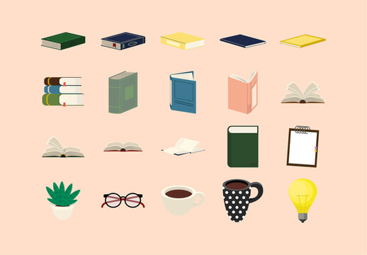 Colorful Books Study Reading Universe Educate Illustrations Set
