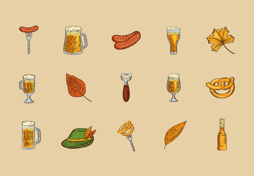 Colorful Beer Oktoberfest Celebration Illustrations Set