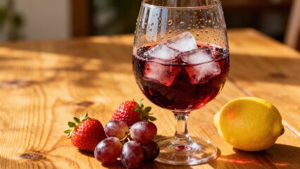 Chilled beverage with condensation sits beside fresh fruit on a sunlit wooden surface