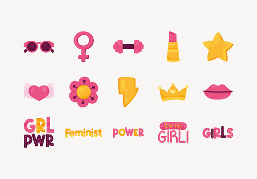 Colorful Feminist Empowerment Girl Power Illustrations Set