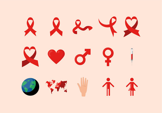 Colorful World AIDS Awareness Campaign Icons Illustrations Set