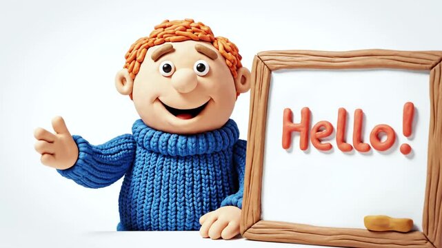 A clay figure in blue sweater points to a whiteboard that says "Hello!