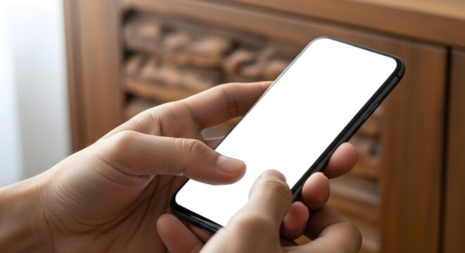 Close-up of hands holding a smartphone with a blank white screen.