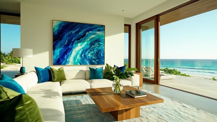 A cozy living room scene features a plush couch accompanied by a stunning large painting on the wall above, a sleek coffee table adding modernity to the space, conveying a sense of calmness or.