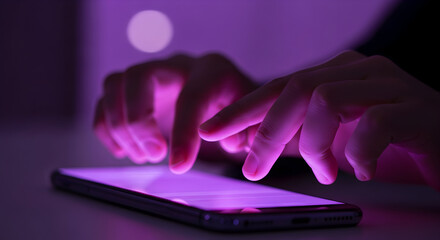 Close-up of hands illuminated by purple light using a smartphone.