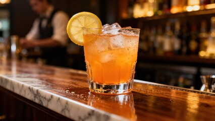 Chilled citrus cocktail rests on a polished wooden bar with a bartender working in the background