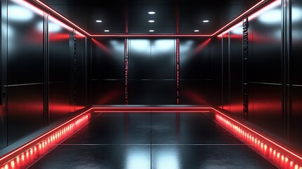 Elevator interior with a futuristic design and neon red light accents creating a modern and technology-driven ambiance