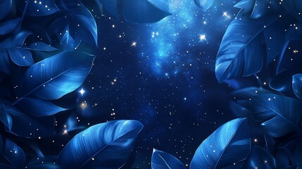 Mystical night, blue leaves embracing a star filled dreamscape backdrop