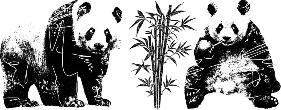 Retro xerography halftone engraving set &mdash; two distressed pandas and bamboo stalks with grainy vintage texture