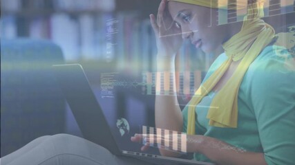 Woman typing on laptop in library, initiating charts and code overlays highlighting data analysis - Powered by Adobe