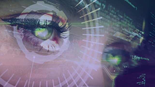 Adult woman holding gaze while holographic code appearing and HUD scanning iris for biometric ID