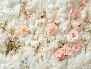 Delicate floral arrangement with soft pastel roses and cottony background creating a dreamy and romantic ambiance for various projects