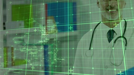 Shifting green grid revealing doctor holding blue folder right, scanning records for clinical use - Powered by Adobe