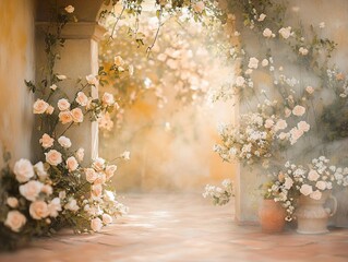 Romantic Floral Archway with Roses and Vines in a Dreamy Garden