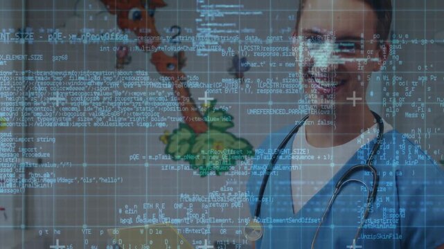 Male doctor tapping tablet, documenting child health as code grid overlaying subject, smiling