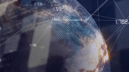 Camera revealing Earth, flare starting rotating globe with moving data overlays showing trends