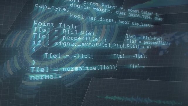 HUD ring pulsing, glowing cyan code scrolling up brightening to show network geometry processing