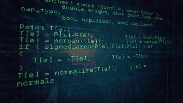 Slow panning initiating green code scrolling, red head silhouette emerging to suggest cybersecurity