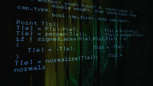 On play, monospaced code block scrolling downward, revealing functions and math for inspection