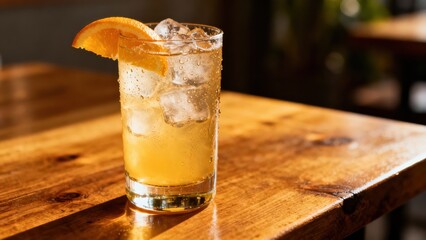 Refreshing iced beverage garnished with citrus slice sits upon a sunlit wooden surface