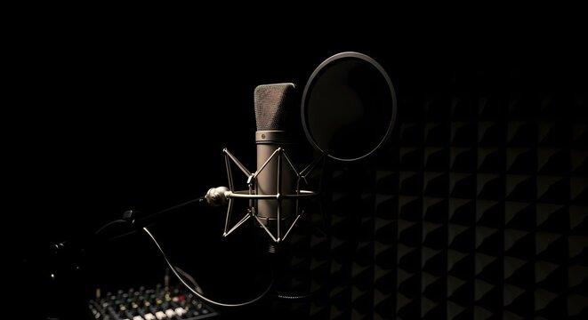 Professional studio microphone ready for recording in dark, acoustically treated room