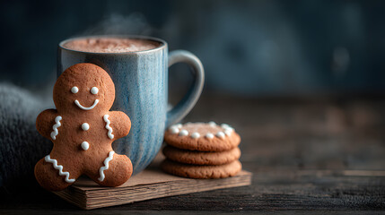 A gingerbread man and cookies are in a mug of hot chocolate on a dark wooden table. There is an empty space for writing.