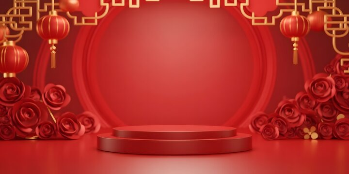 Festive red podium with traditional chinese lanterns and rose decorations, perfect for lunar new year celebrations and product displays