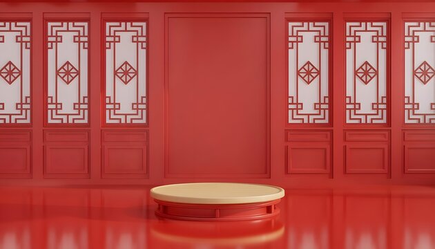 A red stage with traditional chinese window panels, ideal for cultural events or product showcases