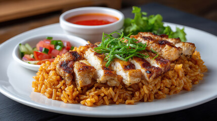 Fototapeta premium Realistic Depiction of Peruvian Arroz con Pollo Dish with Grilled Chicken, Rice, Sauce, and Fresh Vegetables on a White Plate