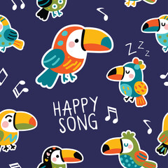 Happy toucan singing doodle seamless
