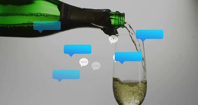 Tilted green bottle starting pouring into tall flute, chat bubbles appearing and showing chat