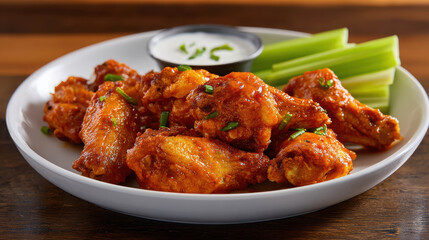 Fototapeta premium Realistic Depiction of Spicy Buffalo Wings Served with Celery Sticks and Dipping Sauce on a White Plate Against a Wooden Background