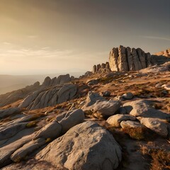 Rocky Desert Landscape at Sunrise, Rugged Stone Formations, Natural Wilderness Terrain, Warm Light, Scenic Mountain View