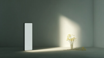 minimalist interior scene featuring smartphone placed on table displaying weather projection illuminating room