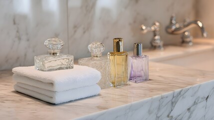 Several assorted fragrance bottles rest upon stacked white cotton towels on a polished marble vanity surface.