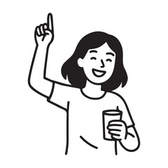 Excited woman points up while holding a beverage, sharing a bright idea or new discovery, perfect for innovation and creative concepts