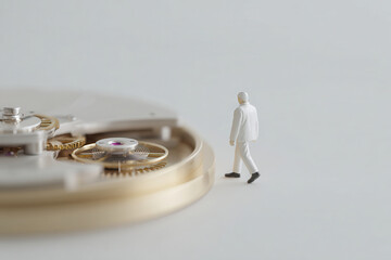 ai controlling event timing is represented by minimalistic composition of person with clock mechanism highlighting