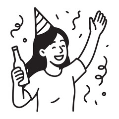 Celebrate good times with a joyful celebration, girl with party hat and music notes, happy celebration, party mood, black and white