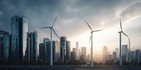 Cityscape View With Wind Turbines At Sunset With Modern Buildings Under Cloudy Sky