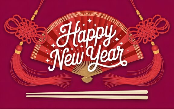 Happy new year message with a traditional red fan, chinese knots, and chopsticks on a vibrant magenta background