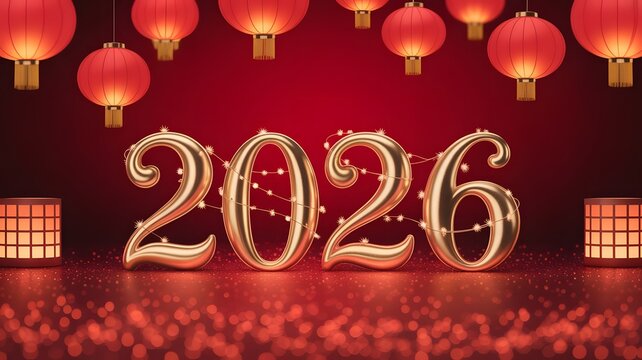 Golden 2026 numbers with glowing chinese lanterns and festive red background, symbolizing new year celebration and good fortune
