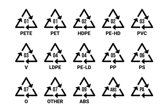 All plastic recycling code icon set. Plastic recycling code symbol icons isolated on white background. Plastic recycling codes- 01 PET, 02 HDPE, 03 PVC, 04 LDPE, 05 PP, 06 PS, 07 OTHER, 09 ABS, PA