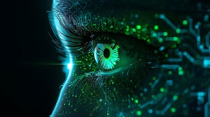 Cyberpunk cinematic close-up of a human iris, transitioning into luminous green data streams and intricate circuit boards, bathed in vibrant neon lights against a dark, high-definition 4k background.