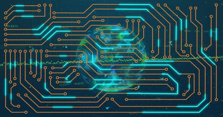 Edges sending PCB traces sweeping in, coating globe with green wave, cyan pulses showing data flow - Powered by Adobe
