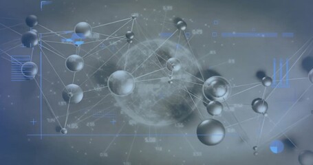Molecular network on data pulse rotating and spreading, visualizing links over textured orb HUD - Powered by Adobe