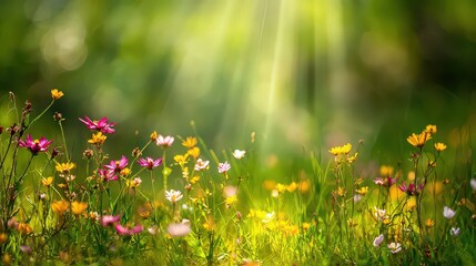 Fototapeta premium Vibrant Wildflower Meadow Under Radiant Sunlight in Springtime Bokeh Green Background